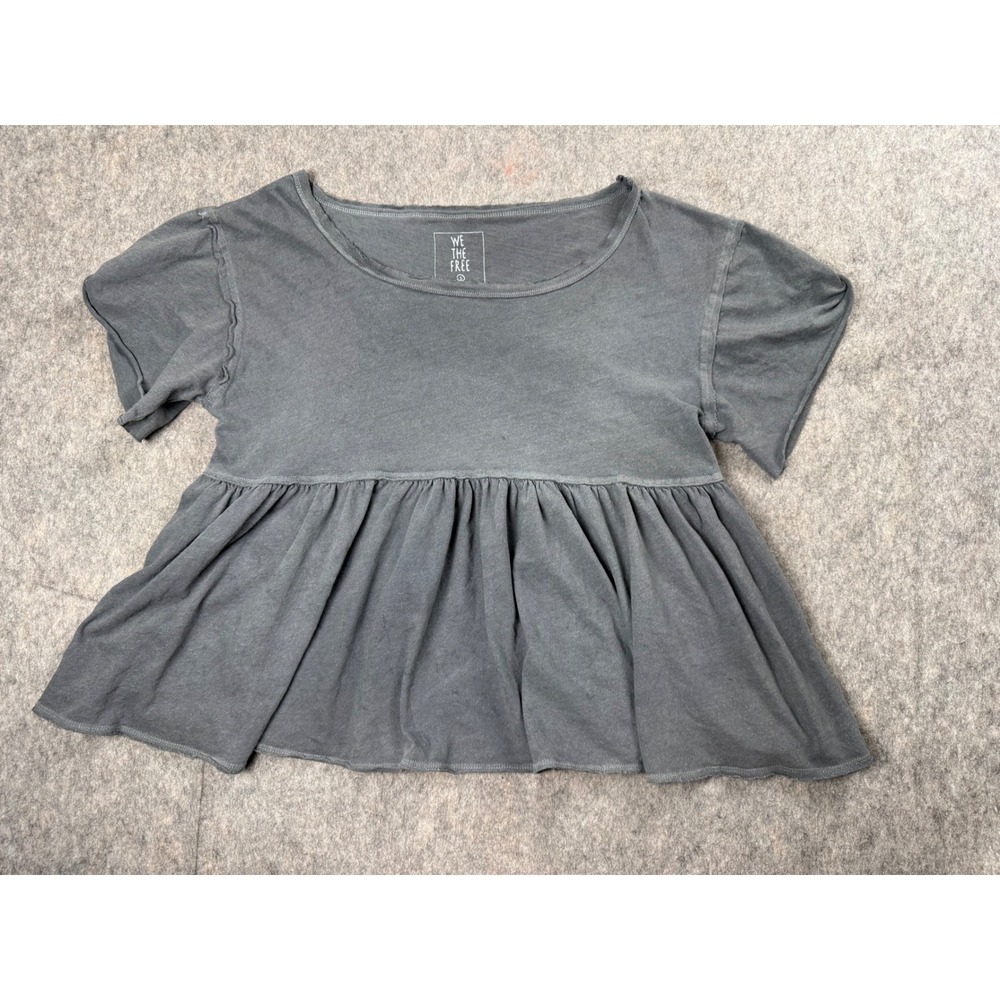 We The Free Top Women Small Gray Cotton Babydoll Peplum Short Sleeve Boho Tee